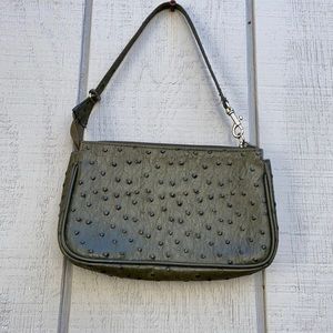 Green faux ostrich clutch bag with zipper